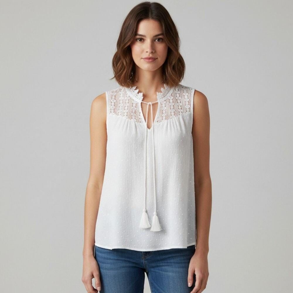 Ember Anthropology Lace Top Womens Size Large White Tie Front Tassel Detail